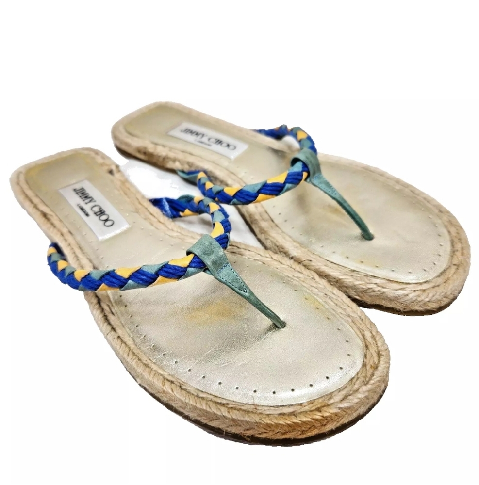 JIMMY CHOO Braided Thong Flat Sandals COA Sz 38/8 US Flip Flops Teal Blue Gold